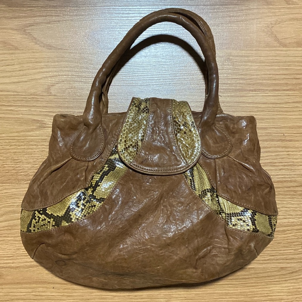 ❤️ Tylie Malibu Brown Leather Snake Print Handbag Tote
